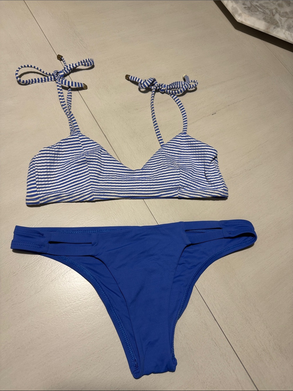 Vitamin A Blue Stripe Bikini Top with Solid Royal Blue Bottoms